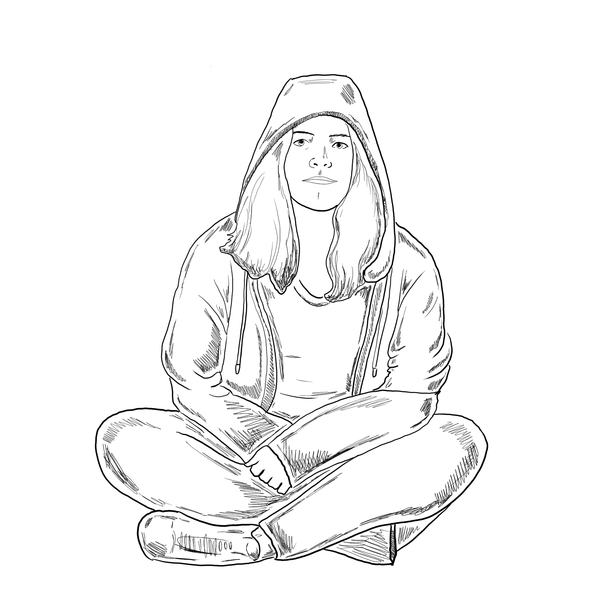 A detailed black-and-white line drawing of a person sitting cross-legged on the ground. They are wearing a hooded sweatshirt with the hood up, partially covering their long hair. Their expression is neutral and focused, with their hands resting gently in their lap. The relaxed pose and casual clothing create a calm and introspective atmosphere.