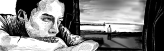 A minimalistic black-and-white line drawing shows a close-up of a person's face in profile, resting their head on their arm while looking thoughtfully out of a window. Through the window, a person is seen standing alone on a shoreline, gazing towards the horizon where the sea meets the sky. The interior framing of the window contrasts with the open, calm outdoor scenery, creating a contemplative and reflective mood.